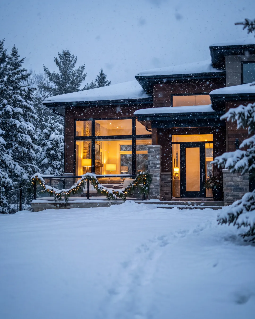 A modern home glowing with warm interior light during heavy snowfall, surrounded by snow-covered evergreens
